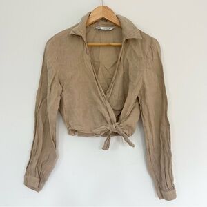 Zara 100% Linen Beige Tie-Front Faux Wrap Blouse Cropped Top Cottagecore Small